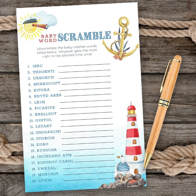 Lámina Juego Nautic Baby Shower Baby Word Scramble (Baby word scramble game card from my Ahoy it's a boy Nautical Baby Shower collection)