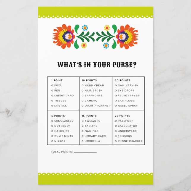 Lámina Juego para despedida de soltera: ¿Qué hay en tu bo (Anverso)