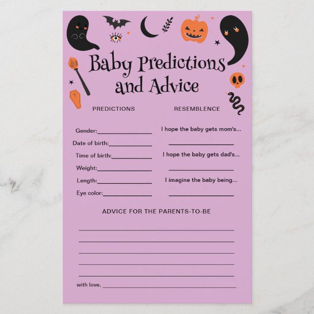 Lámina Juego Purple Halloween Baby Shower Baby Prediction (Anverso)