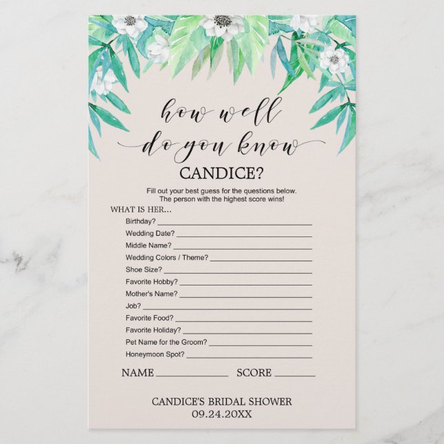 Lámina Juego "Qué Tan Bien Conoce A La Novia" (Anverso)