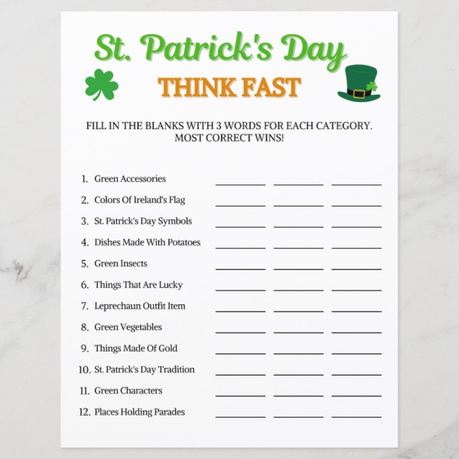 Lámina Juego rápido de reflexión del Día de San Patricio (Anverso)