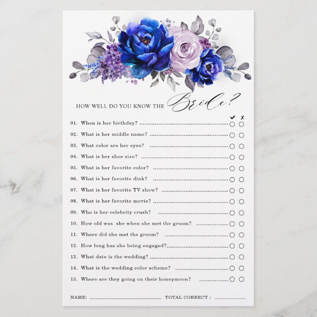Lámina Juego Royal Blue Lilac Purple Floral Bridal Shower (Anverso)