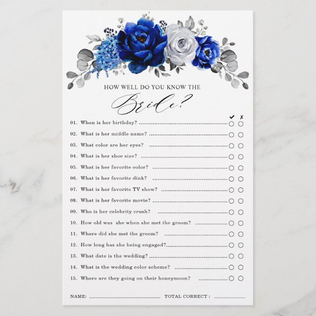 Lámina Juego Royal Blue White Silver Floral Bridal Shower (Anverso)