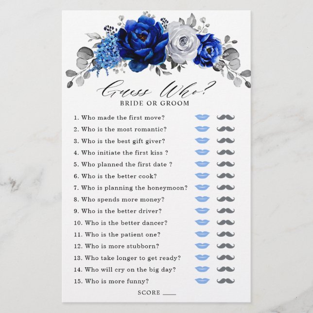Lámina Juego Royal Blue White Silver Floral Bridal Shower (Anverso)