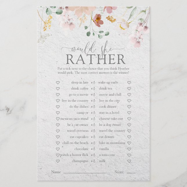 Lámina Juego Rubor Pink Garden Flowers Bridal Shower (Anverso)