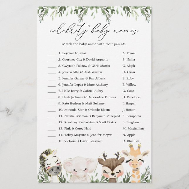 Lámina Juego Safari Baby Shower Celebridad Nombras de Beb (Anverso)