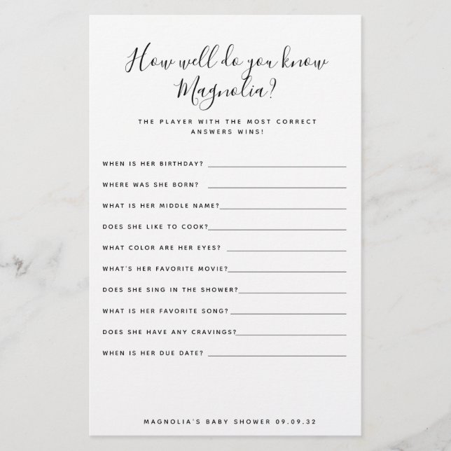 Lámina Juego simple de Baby Shower (Anverso)