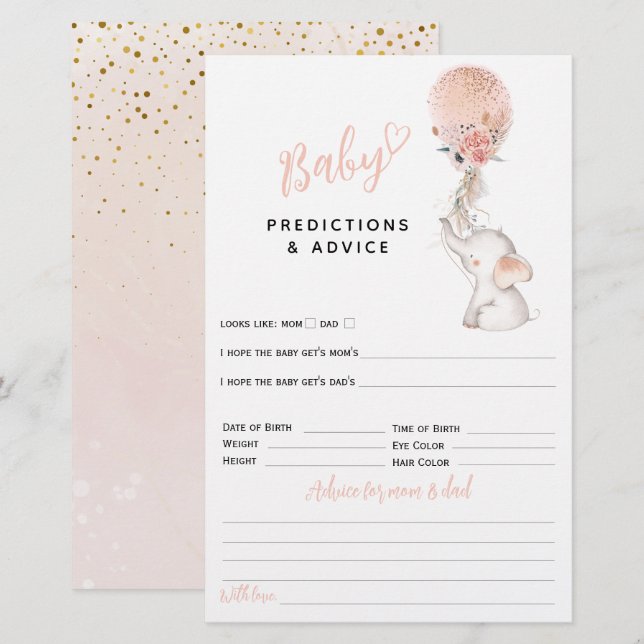 Lámina Juego simple de Baby Shower para elefantes y Chica (Anverso / Reverso)