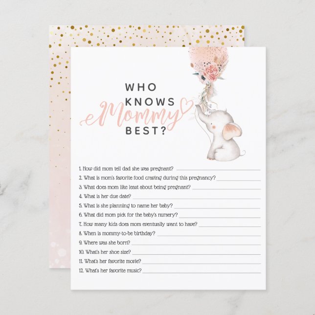 Lámina Juego simple de Baby Shower para elefantes y globo (Anverso / Reverso)