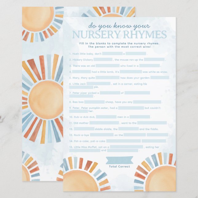 Lámina Juego Sunshine Baby Shower Nursery Rhyme (Anverso / Reverso)