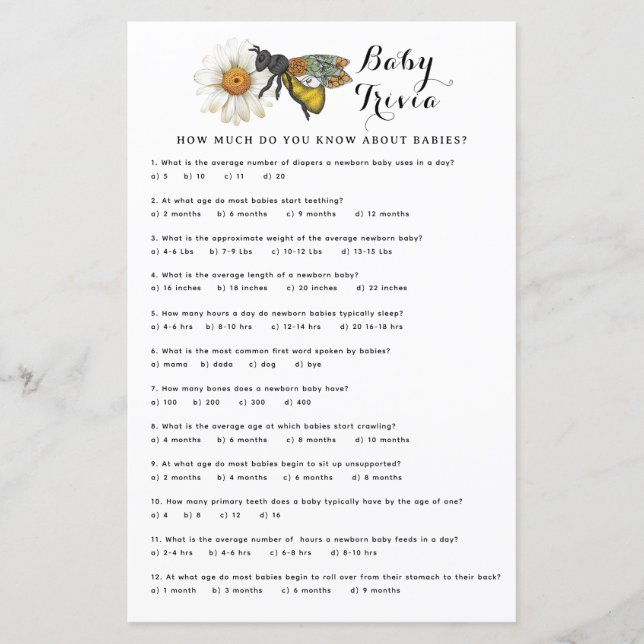 Lámina Juego Trivia Baby Shower | Bebé Temático Honey Bee (Anverso)