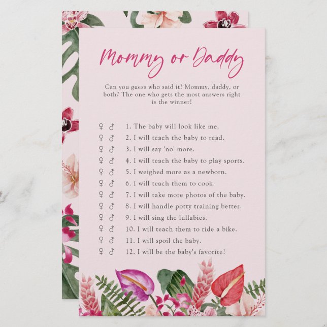 Lámina Juego Tropical De Bebé De Mamá O Papi (Anverso / Reverso)