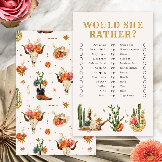 Lámina Juego Western Boho Bridal Shower (Western Boho Bridal Shower Would She Rather? Game by Painted Paperie
)