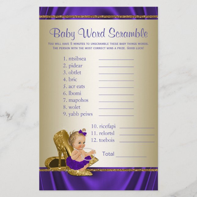 Lámina Juegos Baby Shower de Chica morado y dorado (Anverso)