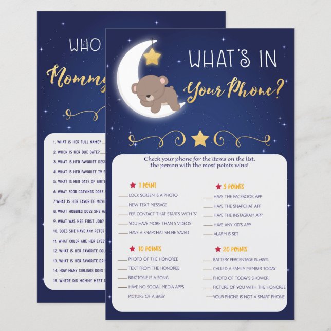 Lámina Juegos Baby Shower que conocen a mamá, juegos de t (Anverso / Reverso)