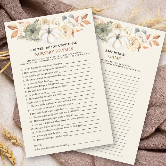 Lámina Juegos de Baby Shower de doble cara de calabaza (Entertain your guests with this double sided baby shower game in an autumn pumpkin floral design.)