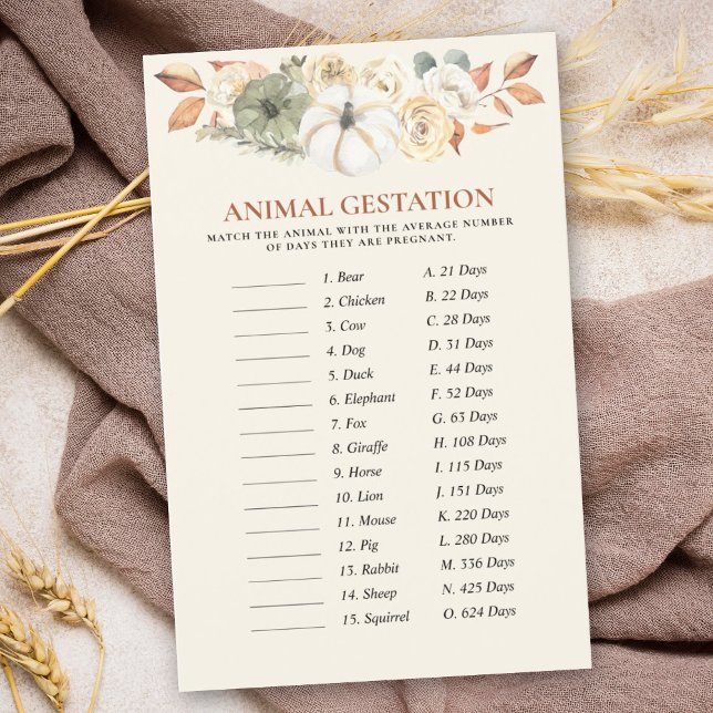 Lámina Juegos de Baby Shower de la Gestación de animales  (This delightful game is a wonderful way to celebrate in a fall-themed pumpkin baby shower design.)