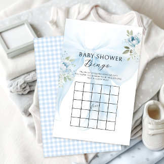 Lámina Juegos de Baby Shower Niño Bingo Floral Lazo Azul