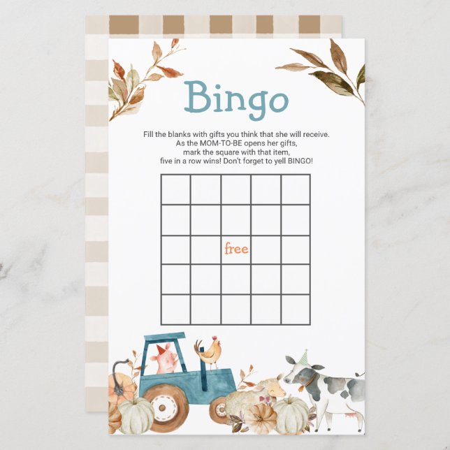 Lámina Juegos de bingo floral de la granja animal Tractor (Anverso / Reverso)