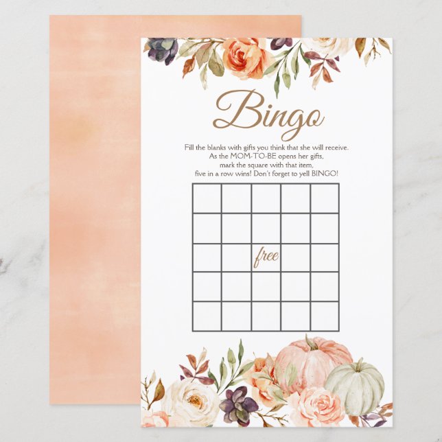 Lámina Juegos de Bingo Floral Rústico de Calabaza de Otoñ (Anverso / Reverso)