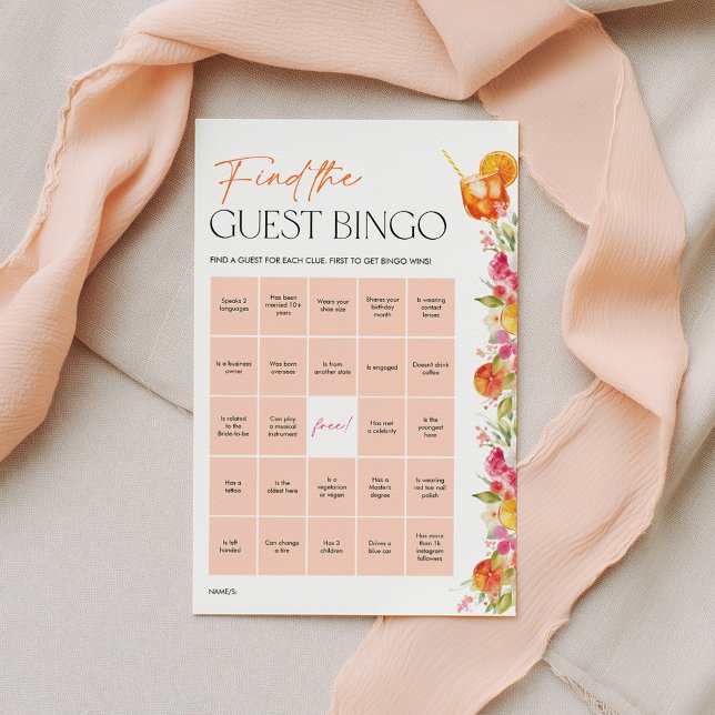 Lámina Juegos de Despedida de Soltera Bingo de Invitados  (Find the Guest Bingo | Love at first Spritz | Citrus Bridal Shower Game )