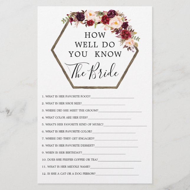 Lámina Juegos de Despedida de Soltera Boho Burgundy Doble (Anverso)