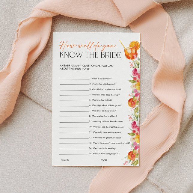 Lámina Juegos de Despedida de Soltera con Spritz de Cítri (How well do you know the Bride? Love at First Spritz Bright Floral Citrus Theme)