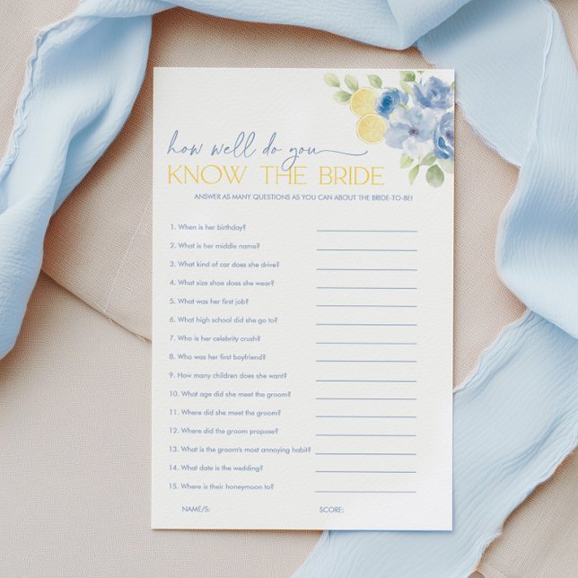 Lámina Juegos de Despedida de Soltera Main Squeeze Conoce (How well do you know the bride? Blue floral lemon Bridal Shower Game)