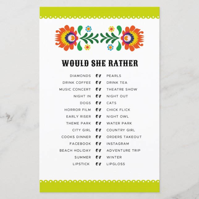 Lámina Juegos de Despedida de Soltera ¿Qué Preferiría Fie (Anverso)