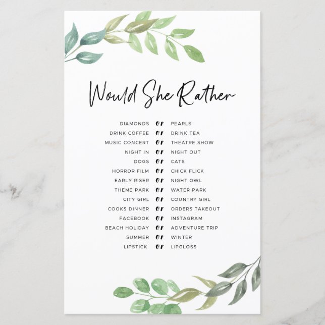 Lámina Juegos de Despedida de Soltera ¿Qué Preferiría Ver (Anverso)