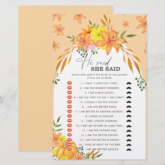 Lámina Juegos De Ducha De Novias Dijo Que Dijo Calabaza (Anverso / Reverso)