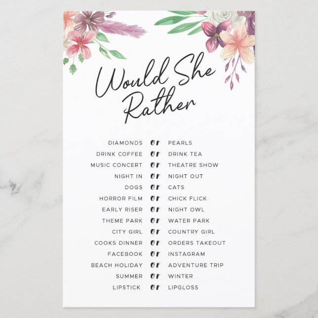 Lámina Juegos De Ducha De Novias Prefiere Jugar Floral (Anverso)