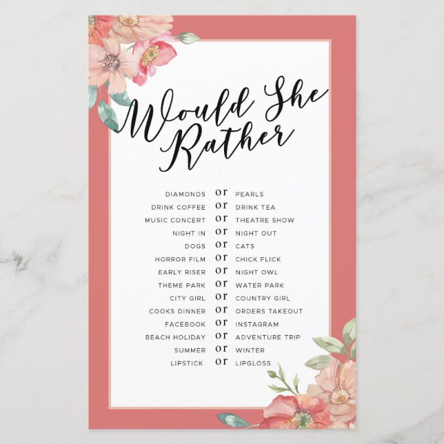 Lámina Juegos De Ducha De Novias Prefiere Jugar Floral (Anverso)