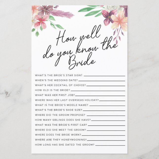 Lámina Juegos De Ducha De Novias Qué Tan Bien Conoce A La (Anverso)