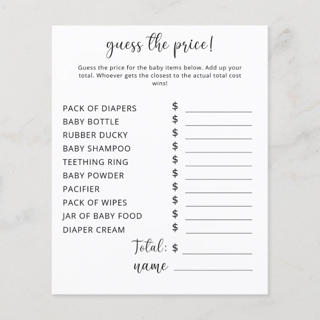 Lámina juegos de fiesta | Juego de adivinanzas de precios (Anverso)