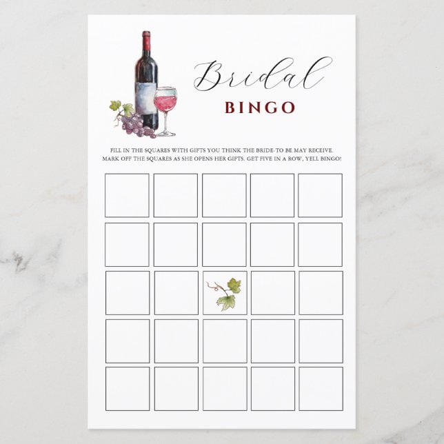 Lámina Juegos de Wine Theme Bridal Bingo Shower (Anverso)