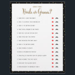 Lámina Juegos para Despedida de Soltera Adivina Quién es<br><div class="desc">Sencillo diseño en blanco y negro con lunares dorados, juego de cuestionario "Adivina Quién" con labios rojos o bigote negro para marcar la respuesta. Asegúrate de hacerle las preguntas a la novia y el novio de antemano. El color de fondo es personalizable. ¿No quieres imprimir tus propios juegos de despedida...</div>