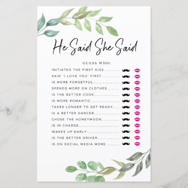 Lámina Juegos para Despedida de Soltera Juego Él Dijo Ell (Anverso)