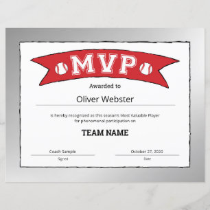 Lámina Jugador MVP - Certificado MVP Certificado de Béisb