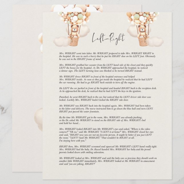 Lámina Jugar con Baby Shower - ¿Izquierda O Derecha? (Anverso / Reverso)