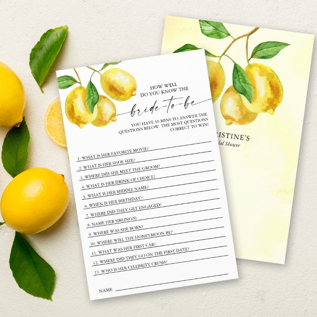 Lámina Juguete de ducha de novia Fruta de limón (Add some fun to your lemon bridal shower with this "How well do you know the Bride" game.)