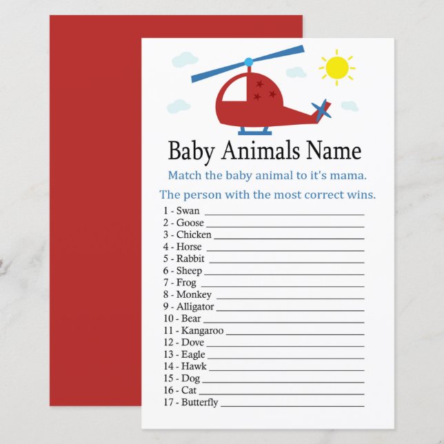 Lámina Juguete helicóptero Baby Animals Nombre Juego (Anverso / Reverso)