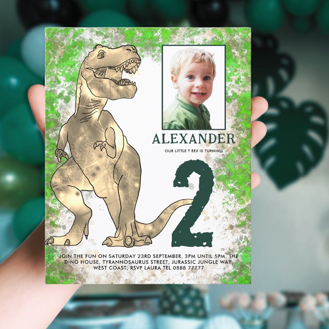 Lámina Jungla de Dinosaurios Segunda Fiesta de Cumpleaños ( T-Rex dinosaur 2nd birthday party budget invitation with photo template and watercolor jungle )