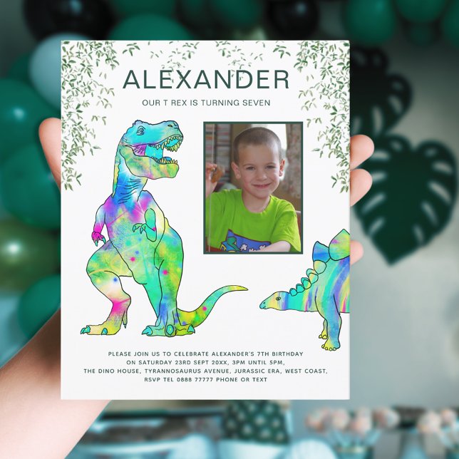 Lámina Jungla de dinosaurios T Rex Roar fiesta de cumplea (Dinosaur T-Rex jungle 7th birthday party invitation with photo template)