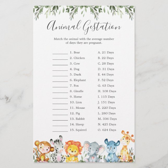 Lámina Jungle Animals Baby Shower Juego de gestación anim (Anverso)