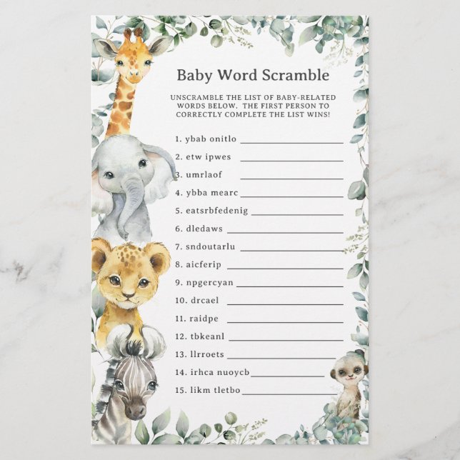 Lámina Jungle Animals Greenery Baby Word Scramble Game (Anverso)