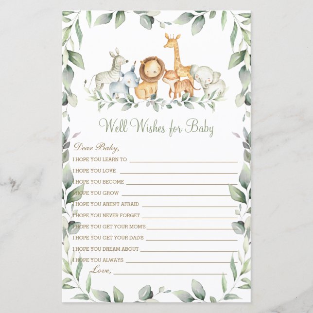 Lámina Jungle Animals Well Want for Baby Shower Game (Anverso)