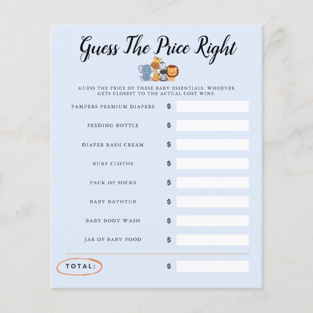 Lámina Jungle Wild One Baby Shower Game Adivina El Precio (Anverso)