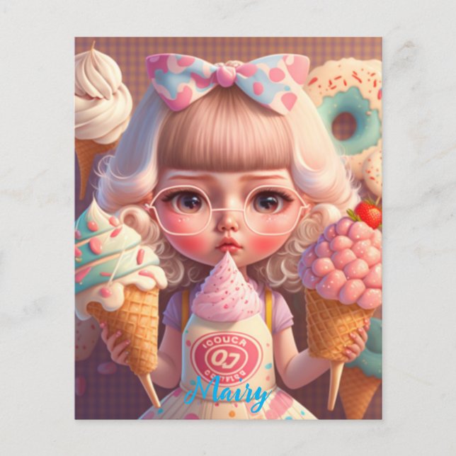 Lámina Kawaii lindo chica con helados (Anverso)