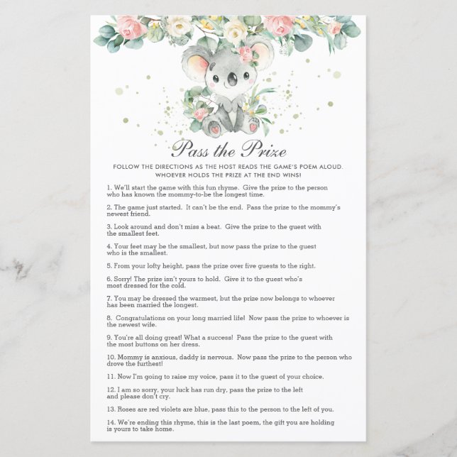 Lámina Koala Floral Greenery Baby Shower Pass the Prize  (Anverso)
